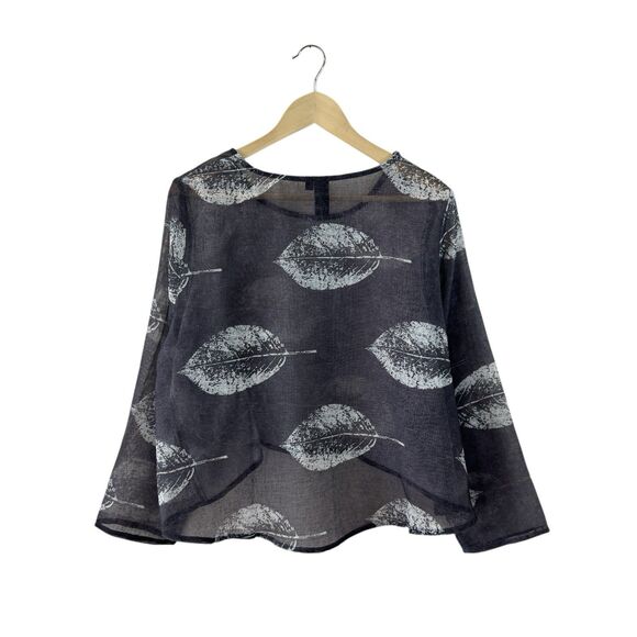 Focus Casual Life Large Top Crop Flowy Sheer Gray Leaf Pattern Lagenlook Womens - Picture 2 of 11